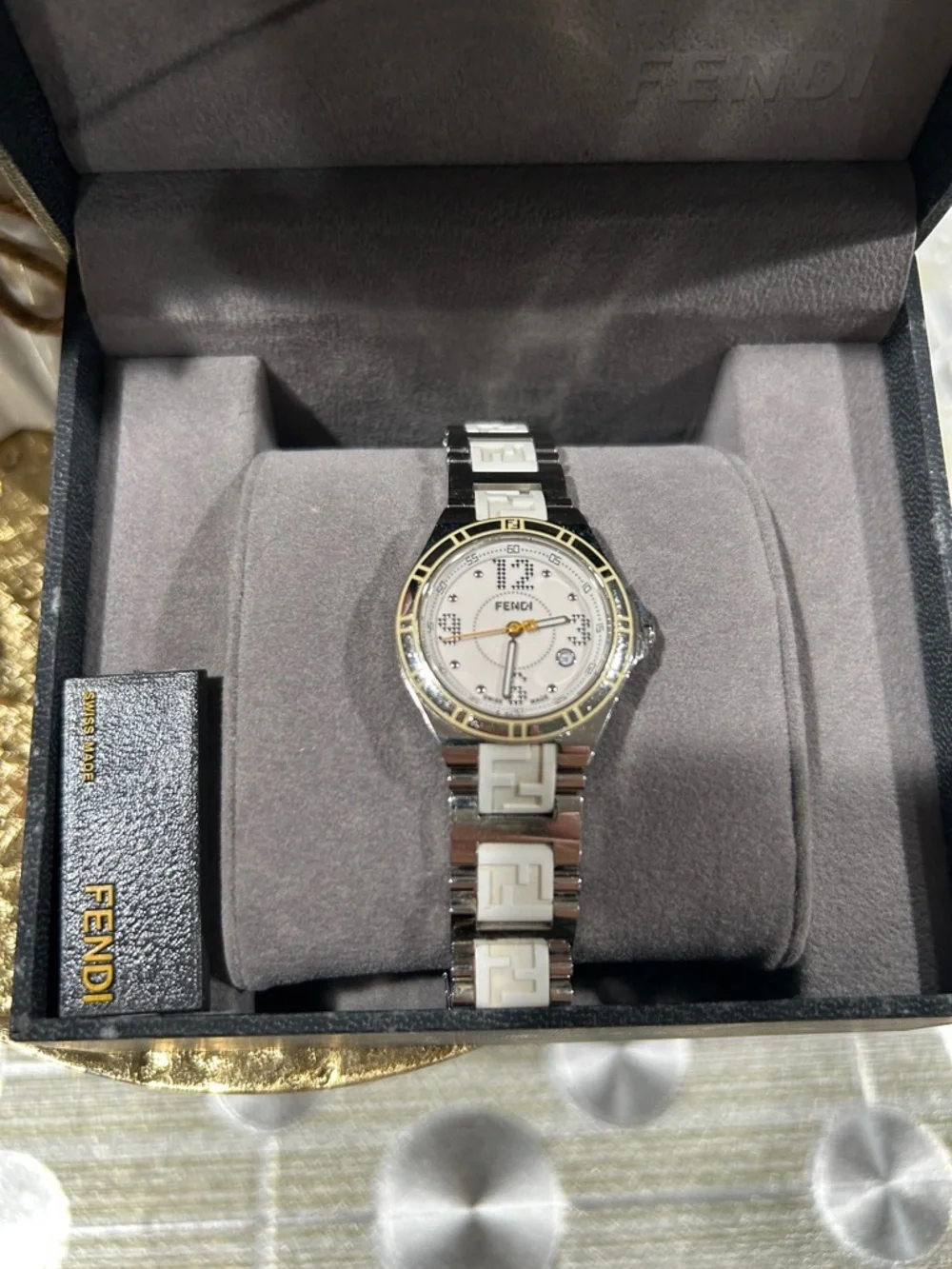 7055. Fendi Swiss Made White Ceramic FF Logo Watch Full Set Box Papers Working